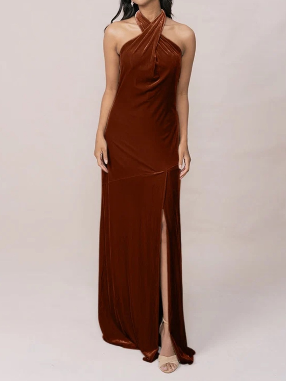 Revelry Rust Brown Athena Halter Velvet Maxi Dress